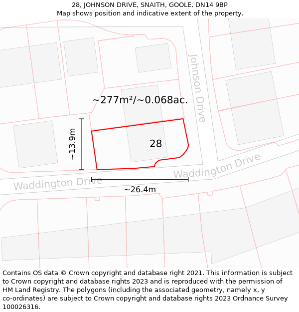 28, JOHNSON DRIVE, SNAITH, GOOLE, DN14 9BP: Plot and title map