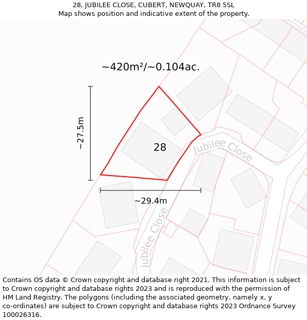 28, JUBILEE CLOSE, CUBERT, NEWQUAY, TR8 5SL: Plot and title map