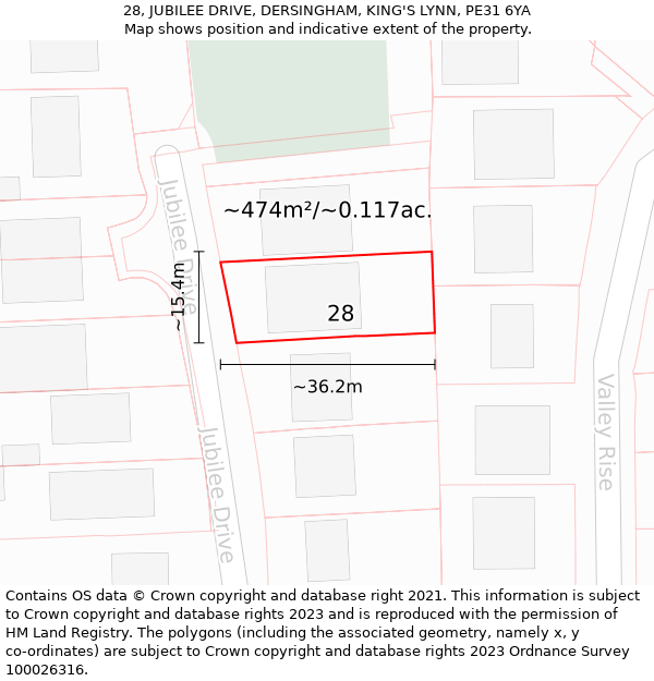 28, JUBILEE DRIVE, DERSINGHAM, KING'S LYNN, PE31 6YA: Plot and title map