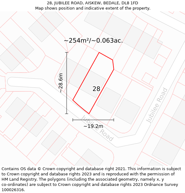 28, JUBILEE ROAD, AISKEW, BEDALE, DL8 1FD: Plot and title map