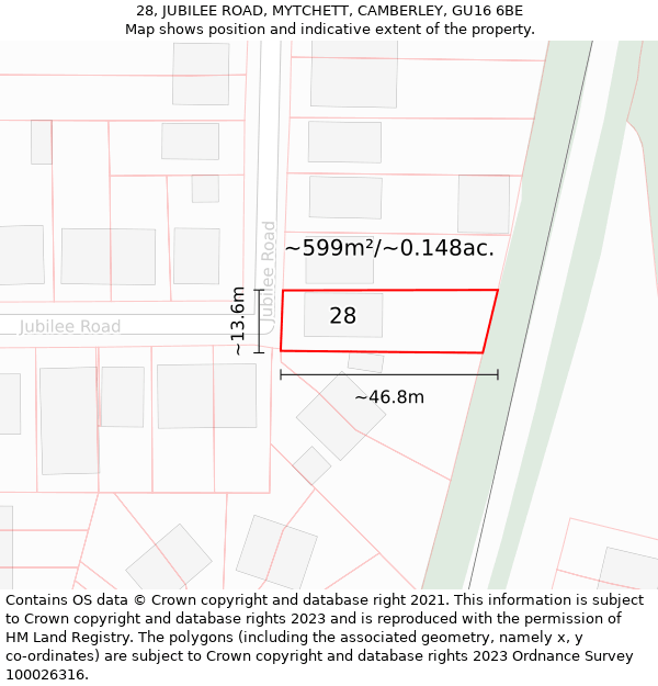 28, JUBILEE ROAD, MYTCHETT, CAMBERLEY, GU16 6BE: Plot and title map