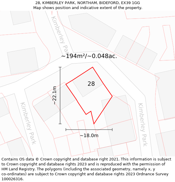 28, KIMBERLEY PARK, NORTHAM, BIDEFORD, EX39 1GG: Plot and title map
