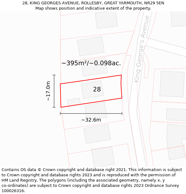 28, KING GEORGES AVENUE, ROLLESBY, GREAT YARMOUTH, NR29 5EN: Plot and title map