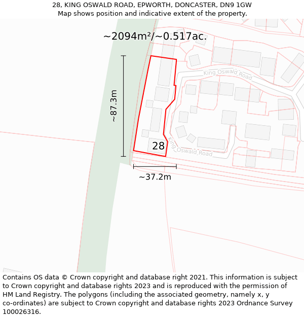 28, KING OSWALD ROAD, EPWORTH, DONCASTER, DN9 1GW: Plot and title map