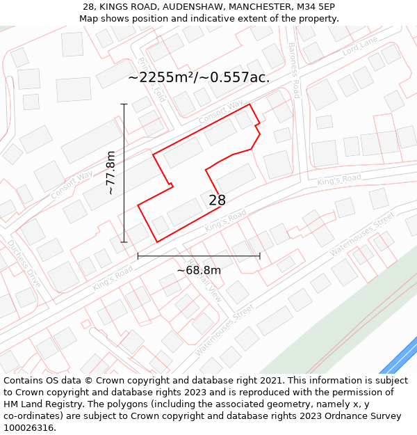 28, KINGS ROAD, AUDENSHAW, MANCHESTER, M34 5EP: Plot and title map
