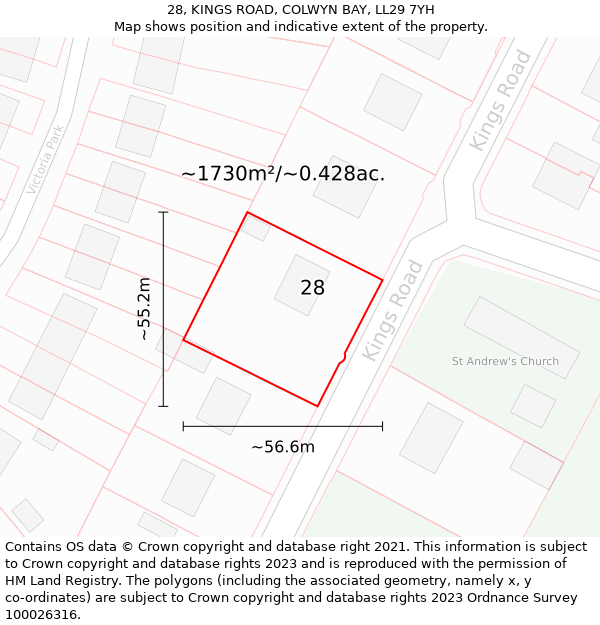 28, KINGS ROAD, COLWYN BAY, LL29 7YH: Plot and title map