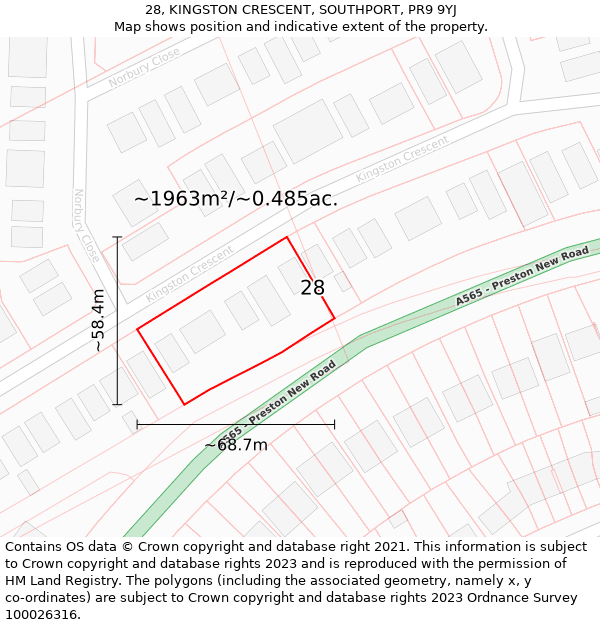 28, KINGSTON CRESCENT, SOUTHPORT, PR9 9YJ: Plot and title map