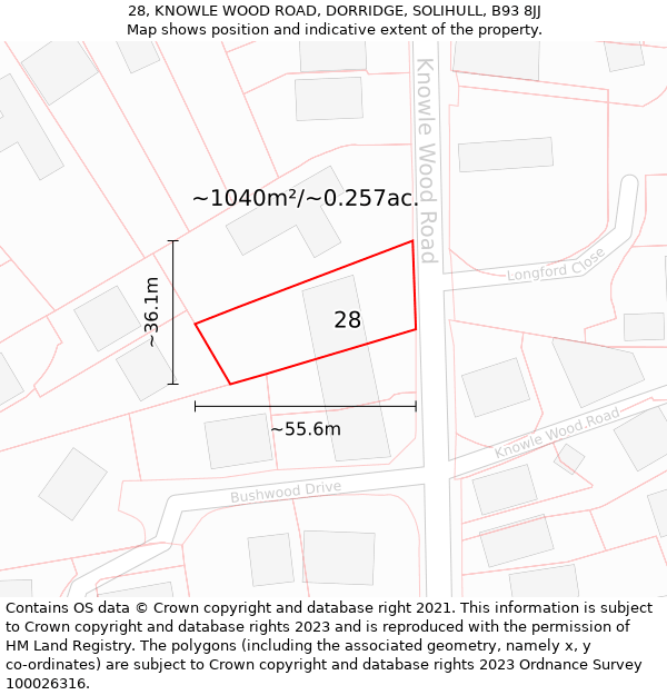 28, KNOWLE WOOD ROAD, DORRIDGE, SOLIHULL, B93 8JJ: Plot and title map