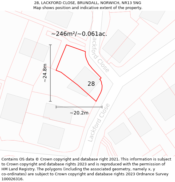 28, LACKFORD CLOSE, BRUNDALL, NORWICH, NR13 5NG: Plot and title map