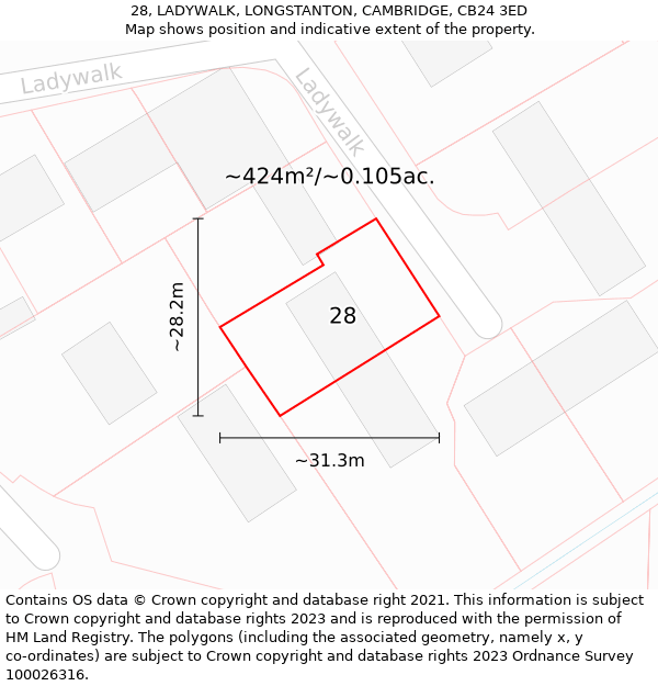 28, LADYWALK, LONGSTANTON, CAMBRIDGE, CB24 3ED: Plot and title map