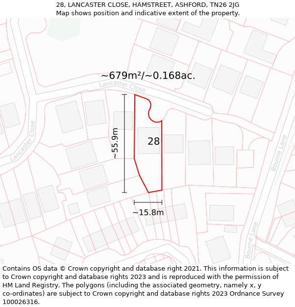 28, LANCASTER CLOSE, HAMSTREET, ASHFORD, TN26 2JG: Plot and title map