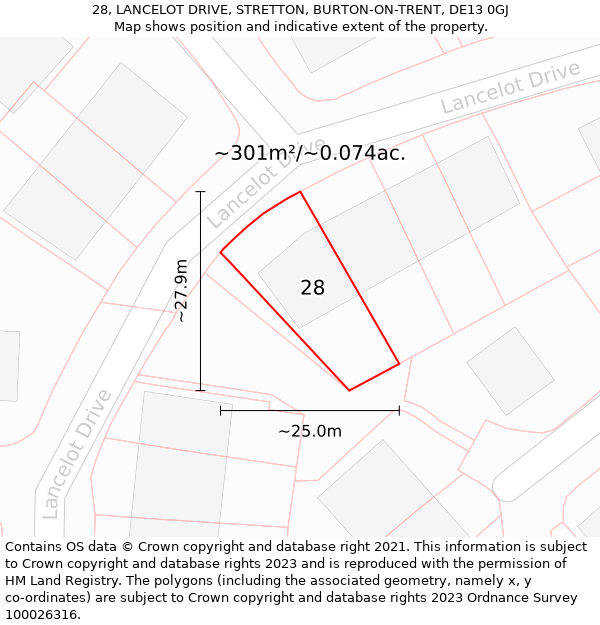 28, LANCELOT DRIVE, STRETTON, BURTON-ON-TRENT, DE13 0GJ: Plot and title map