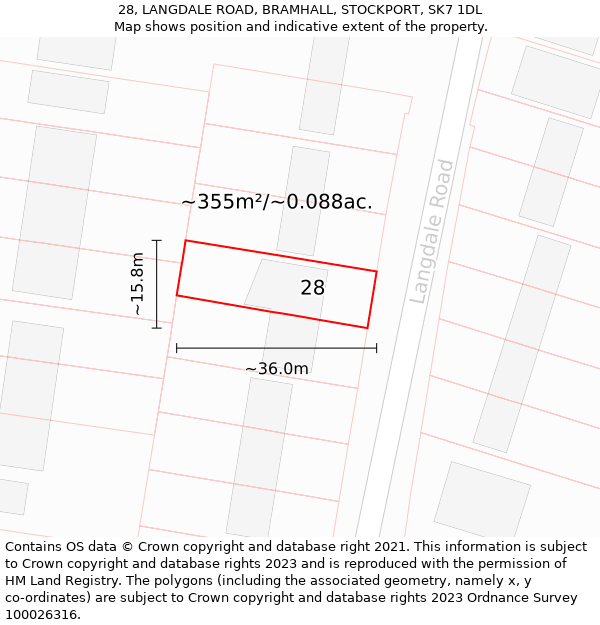 28, LANGDALE ROAD, BRAMHALL, STOCKPORT, SK7 1DL: Plot and title map