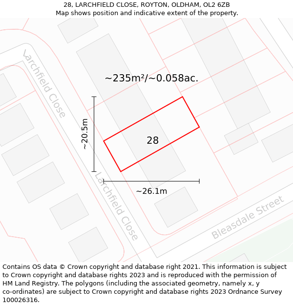 28, LARCHFIELD CLOSE, ROYTON, OLDHAM, OL2 6ZB: Plot and title map