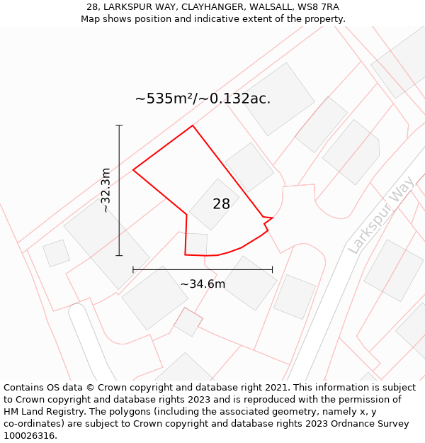 28, LARKSPUR WAY, CLAYHANGER, WALSALL, WS8 7RA: Plot and title map