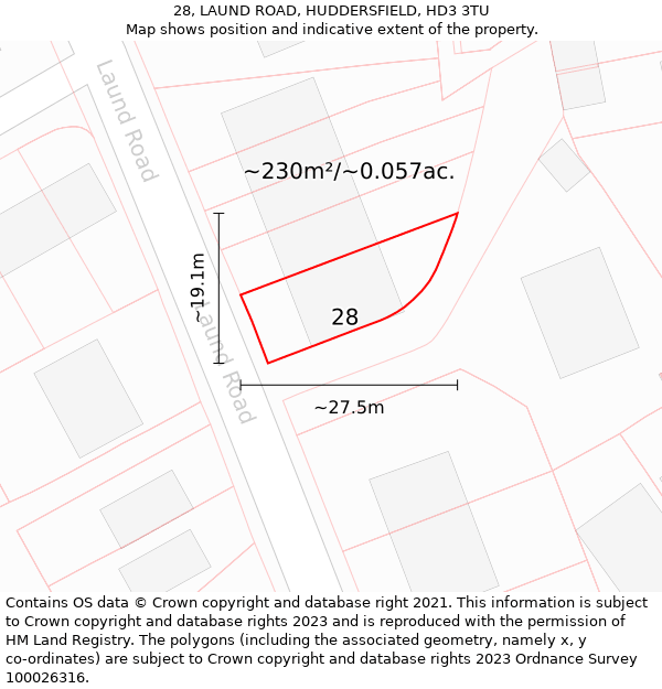 28, LAUND ROAD, HUDDERSFIELD, HD3 3TU: Plot and title map