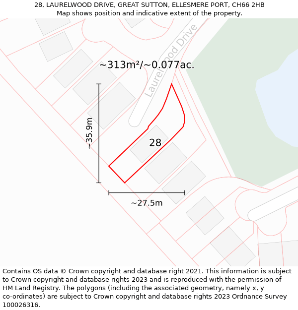 28, LAURELWOOD DRIVE, GREAT SUTTON, ELLESMERE PORT, CH66 2HB: Plot and title map