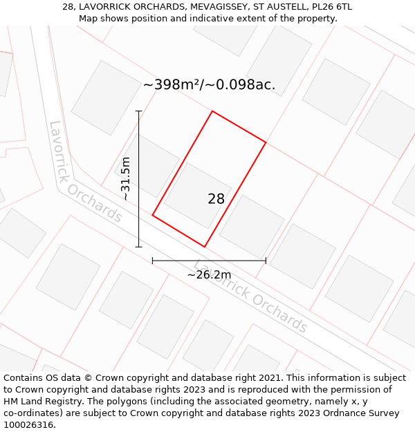 28, LAVORRICK ORCHARDS, MEVAGISSEY, ST AUSTELL, PL26 6TL: Plot and title map