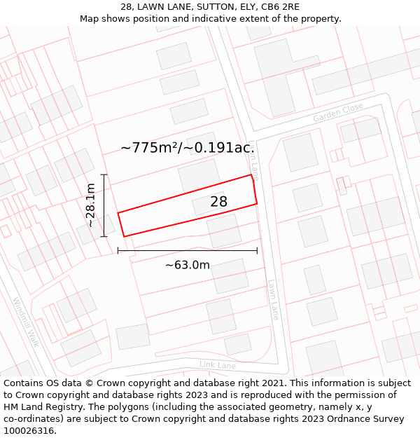 28, LAWN LANE, SUTTON, ELY, CB6 2RE: Plot and title map