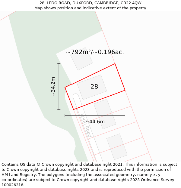 28, LEDO ROAD, DUXFORD, CAMBRIDGE, CB22 4QW: Plot and title map