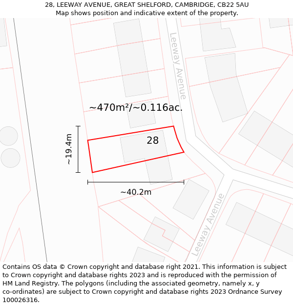 28, LEEWAY AVENUE, GREAT SHELFORD, CAMBRIDGE, CB22 5AU: Plot and title map