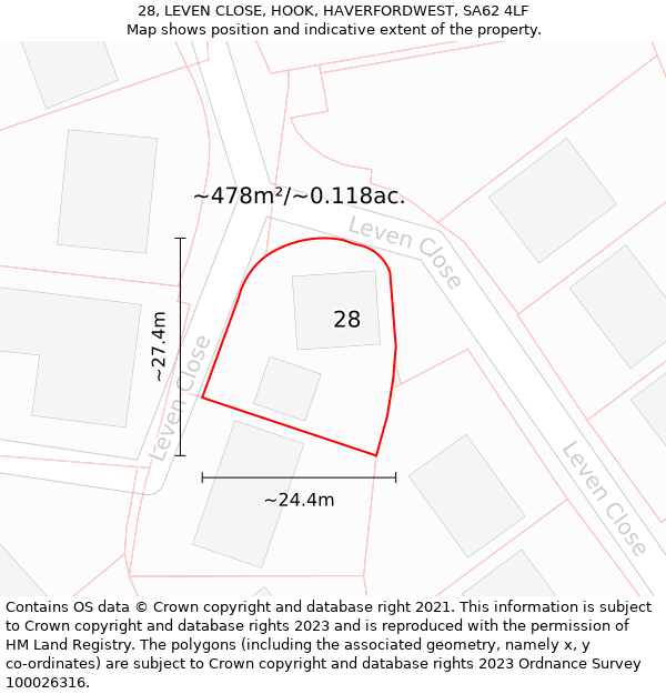 28, LEVEN CLOSE, HOOK, HAVERFORDWEST, SA62 4LF: Plot and title map