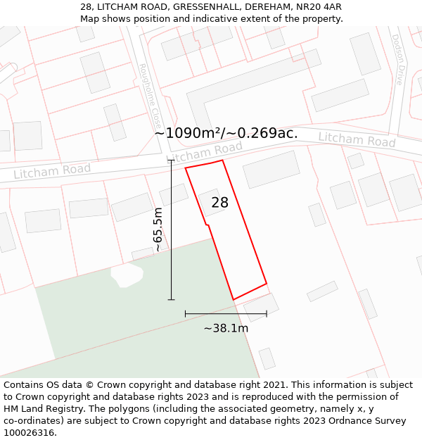 28, LITCHAM ROAD, GRESSENHALL, DEREHAM, NR20 4AR: Plot and title map