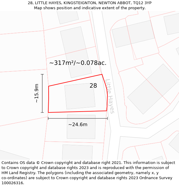 28, LITTLE HAYES, KINGSTEIGNTON, NEWTON ABBOT, TQ12 3YP: Plot and title map