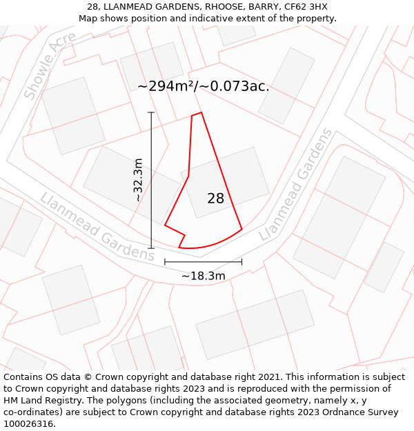 28, LLANMEAD GARDENS, RHOOSE, BARRY, CF62 3HX: Plot and title map