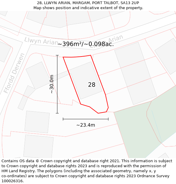 28, LLWYN ARIAN, MARGAM, PORT TALBOT, SA13 2UP: Plot and title map