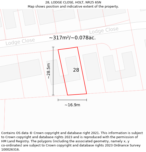 28, LODGE CLOSE, HOLT, NR25 6SN: Plot and title map