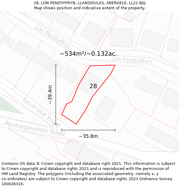 28, LON PENDYFFRYN, LLANDDULAS, ABERGELE, LL22 8JQ: Plot and title map