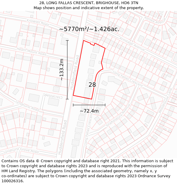 28, LONG FALLAS CRESCENT, BRIGHOUSE, HD6 3TN: Plot and title map