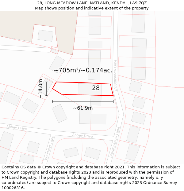 28, LONG MEADOW LANE, NATLAND, KENDAL, LA9 7QZ: Plot and title map