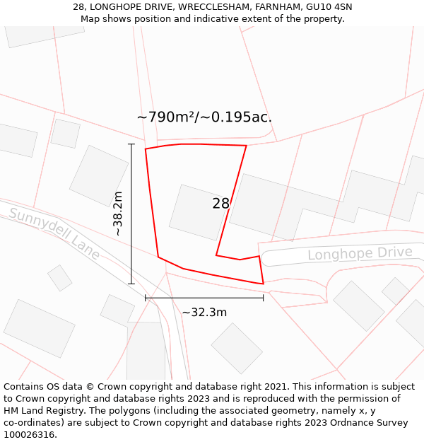 28, LONGHOPE DRIVE, WRECCLESHAM, FARNHAM, GU10 4SN: Plot and title map