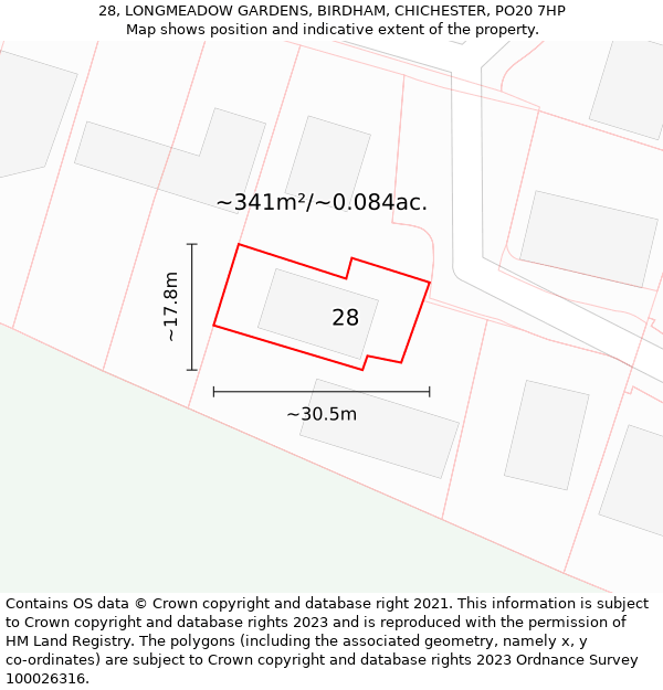 28, LONGMEADOW GARDENS, BIRDHAM, CHICHESTER, PO20 7HP: Plot and title map