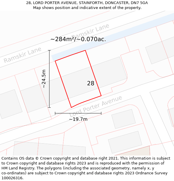 28, LORD PORTER AVENUE, STAINFORTH, DONCASTER, DN7 5GA: Plot and title map