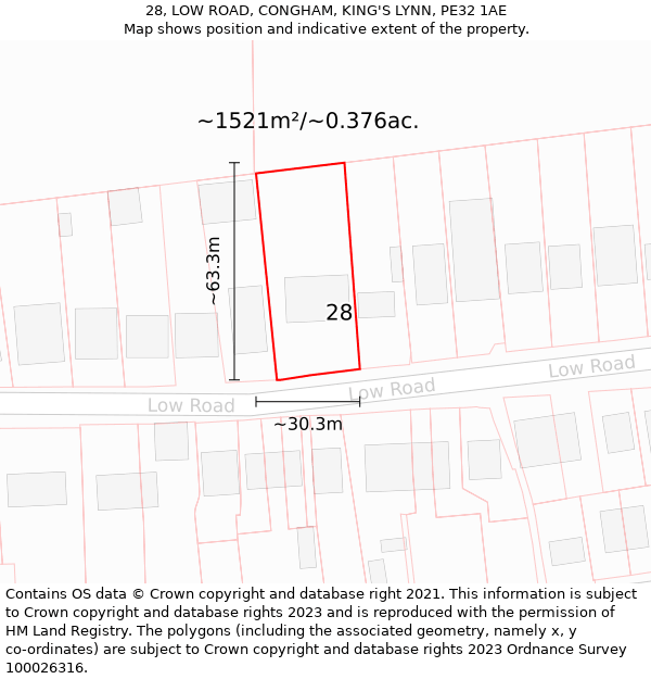 28, LOW ROAD, CONGHAM, KING'S LYNN, PE32 1AE: Plot and title map