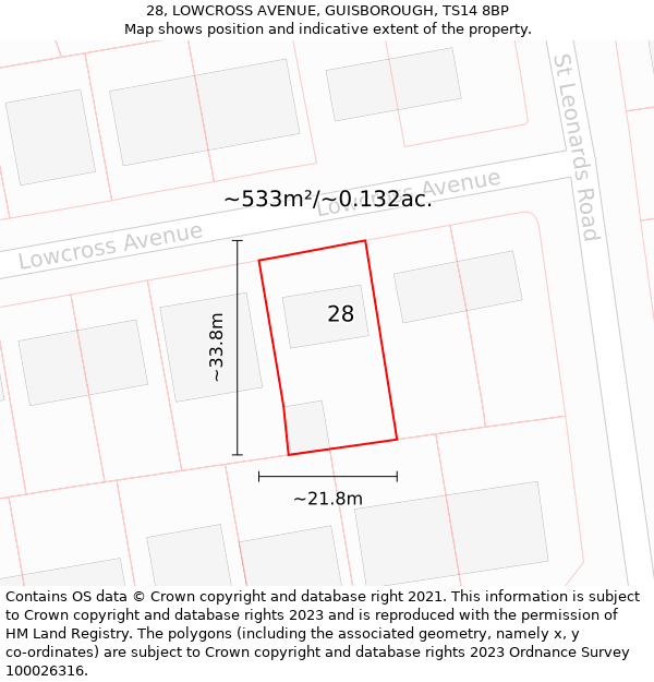 28, LOWCROSS AVENUE, GUISBOROUGH, TS14 8BP: Plot and title map