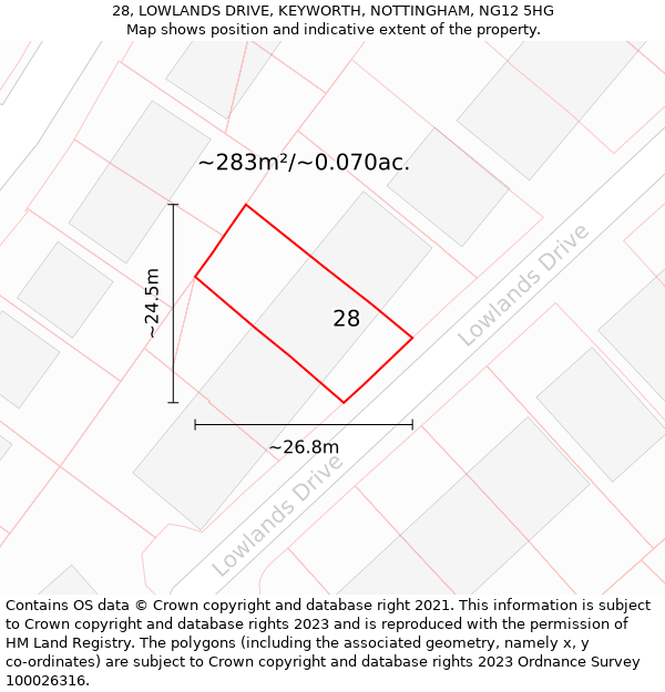 28, LOWLANDS DRIVE, KEYWORTH, NOTTINGHAM, NG12 5HG: Plot and title map