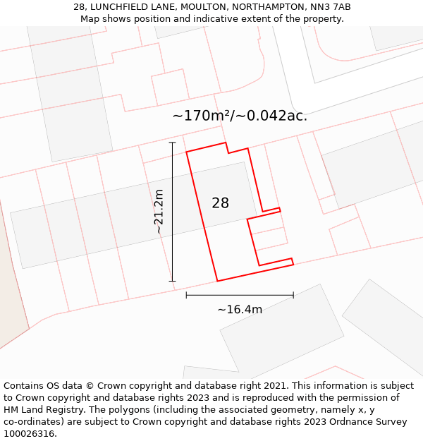 28, LUNCHFIELD LANE, MOULTON, NORTHAMPTON, NN3 7AB: Plot and title map