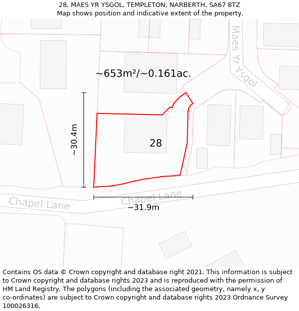 28, MAES YR YSGOL, TEMPLETON, NARBERTH, SA67 8TZ: Plot and title map