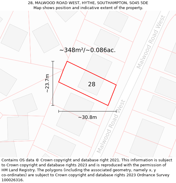 28, MALWOOD ROAD WEST, HYTHE, SOUTHAMPTON, SO45 5DE: Plot and title map