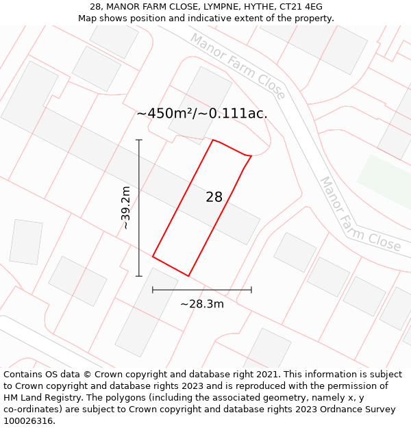 28, MANOR FARM CLOSE, LYMPNE, HYTHE, CT21 4EG: Plot and title map