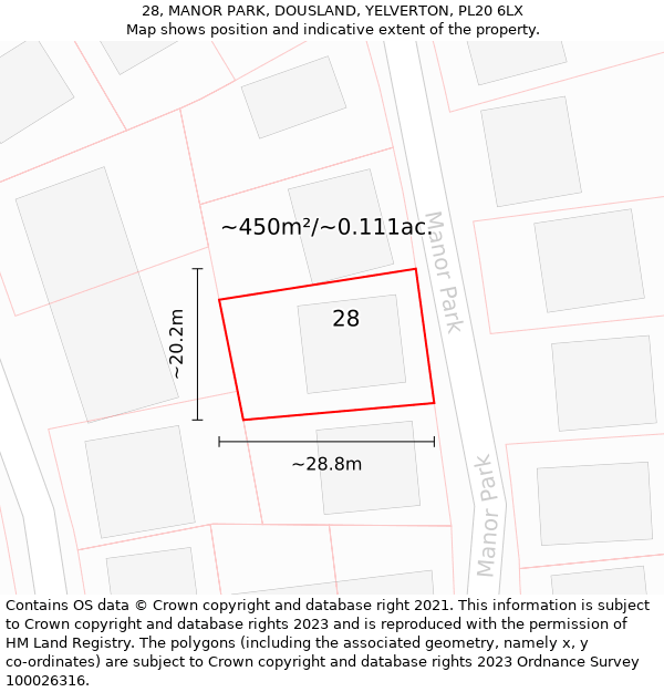 28, MANOR PARK, DOUSLAND, YELVERTON, PL20 6LX: Plot and title map