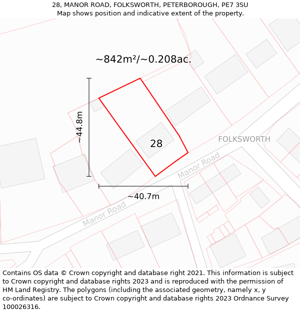 28, MANOR ROAD, FOLKSWORTH, PETERBOROUGH, PE7 3SU: Plot and title map