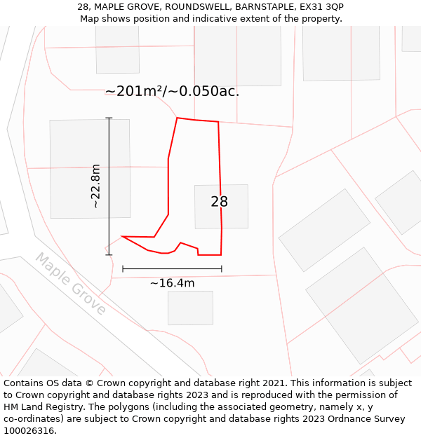 28, MAPLE GROVE, ROUNDSWELL, BARNSTAPLE, EX31 3QP: Plot and title map