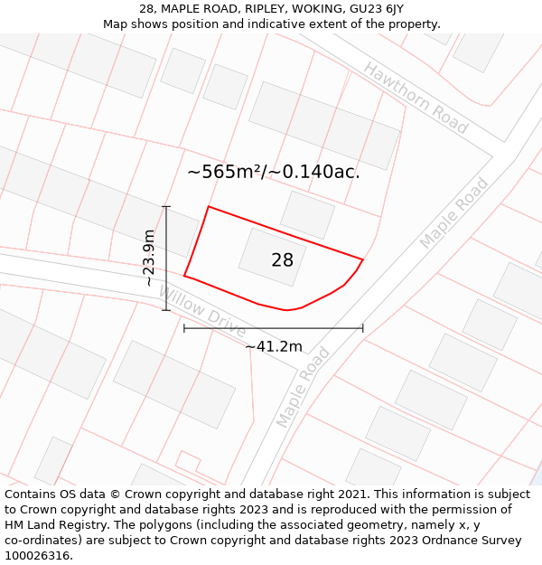 28, MAPLE ROAD, RIPLEY, WOKING, GU23 6JY: Plot and title map