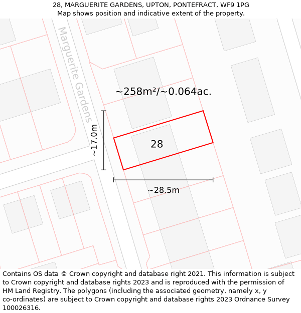 28, MARGUERITE GARDENS, UPTON, PONTEFRACT, WF9 1PG: Plot and title map