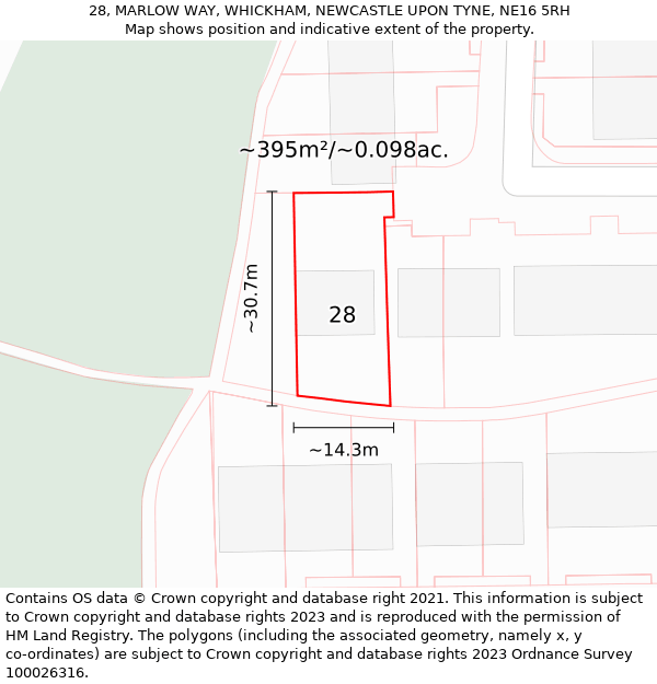 28, MARLOW WAY, WHICKHAM, NEWCASTLE UPON TYNE, NE16 5RH: Plot and title map